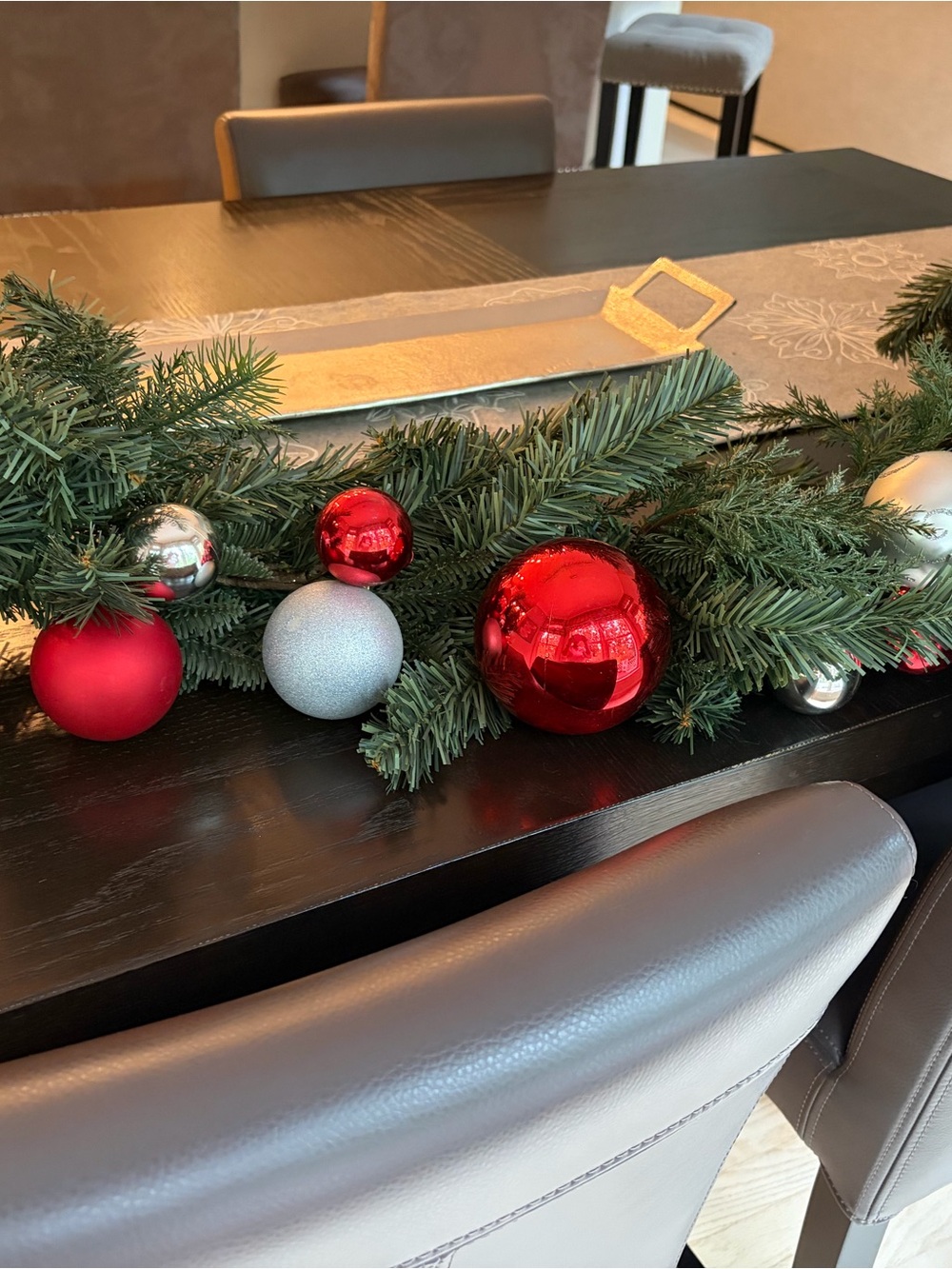 Pottery Barn Green Garland with Red and Silver Ornaments